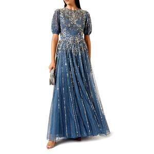 Mac Duggal Women's Slate Blue High Neck Puff Sleeve Embellished Gown Size 10